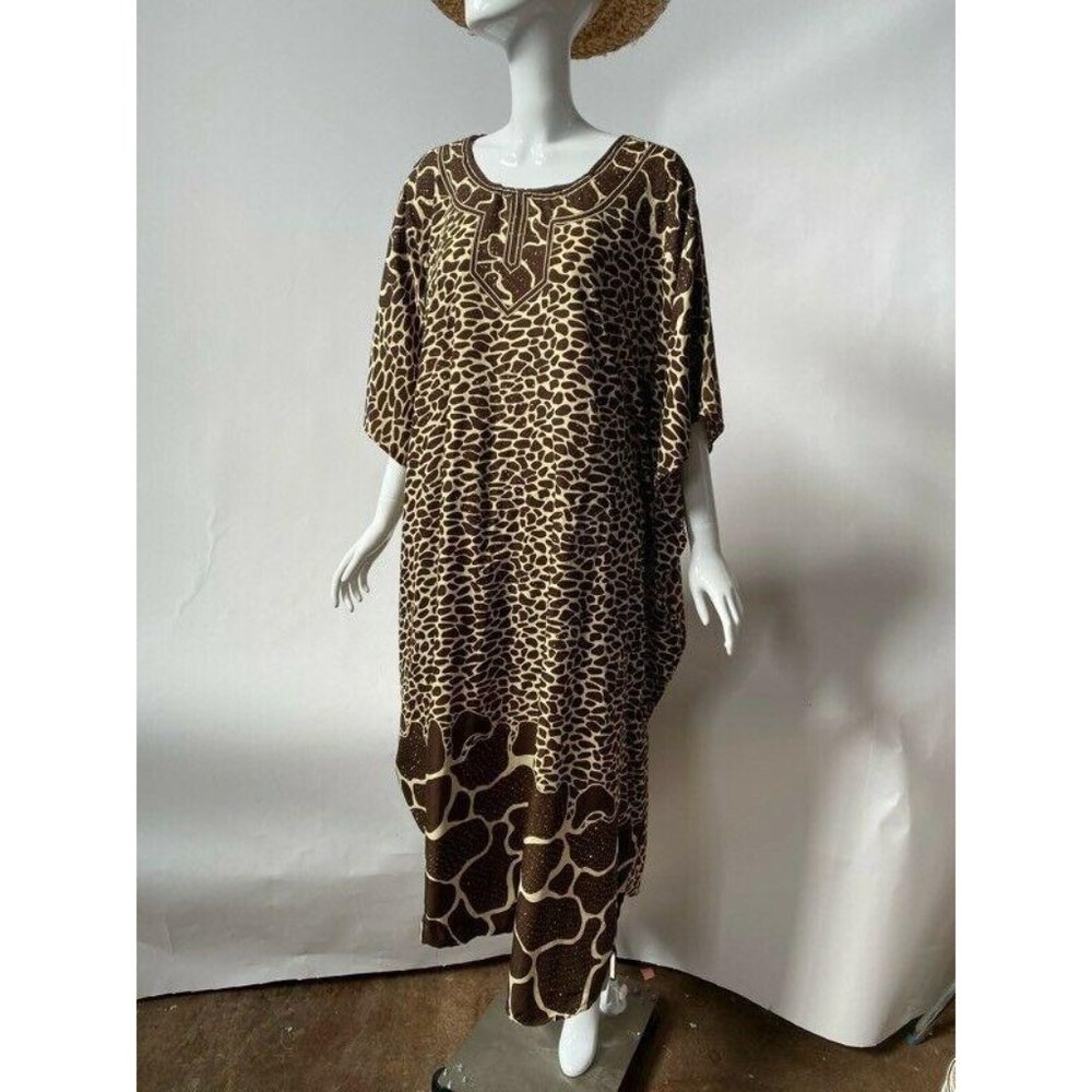 Eshe Womens Kaftan Dress Brown Cow Print Scoop Nec